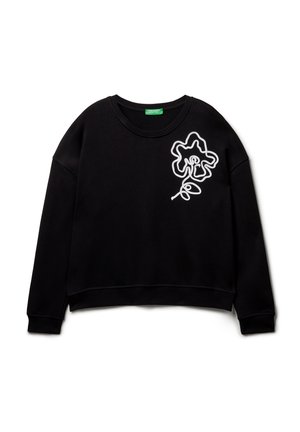 Zwarte sweatshirt met een cropped ontwerp, voorzien van een witte omtrek van een bloem op de linkerkant van de borst. Gemaakt van zachte, gestructureerde stof.