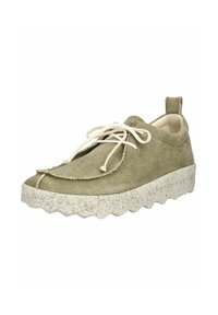 Sneaker verde in tela con un design tessuto texturizzato, lacci elasticizzati e una suola in gomma bianca maculata con un bordo ondulato.