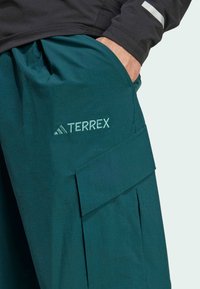 Teal cargo shorts lavet af letvægtsstof, med en frontlomme og broderet TERREX-logo. Glat tekstur med en løs pasform.