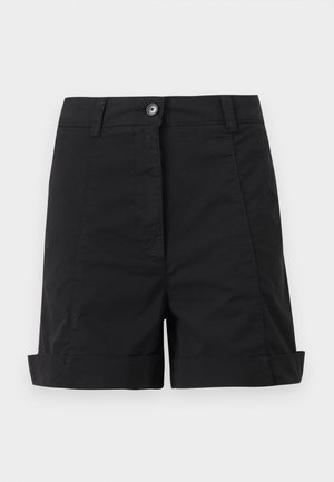 Μαύρο σορτς με ψηλή μέση, κλείσιμο με κουμπί και φερμουάρ μπροστά, θηλιές για ζώνη, ραφές στα πλαϊνά και γυρισμένο τελείωμα.