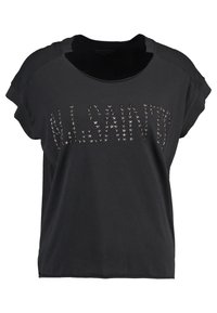 Svart kortärmad t-shirt med rund halsringning, med en design av stjärnformade nitar som formar ordet "ALLSAINTS" över framsidan.