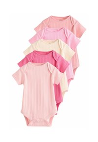 Set aus fünf Babybodys in weicher Baumwolle. Farben: hellrosa, rosa, creme. Mit gerippter Struktur und Druckknöpfen im unteren Bereich.