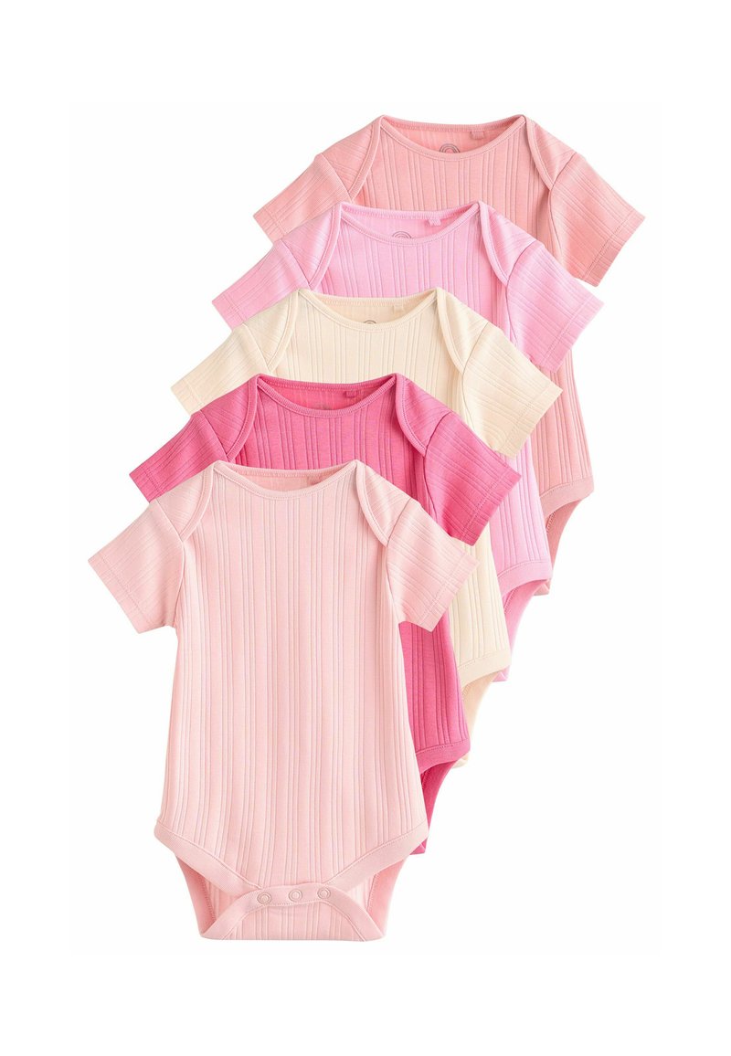 Set aus fünf Babybodys in weicher Baumwolle. Farben: hellrosa, rosa, creme. Mit gerippter Struktur und Druckknöpfen im unteren Bereich.