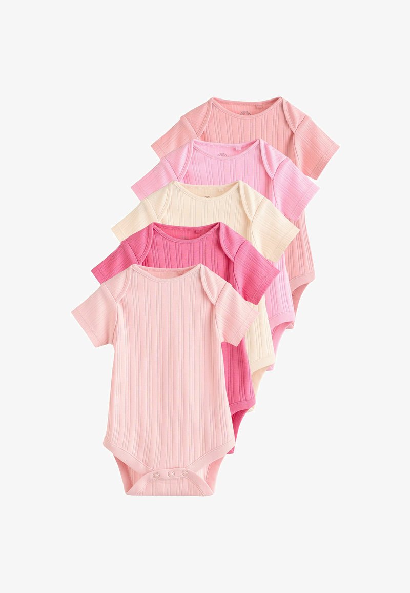 Set aus fünf Babybodys in weicher Baumwolle. Farben: hellrosa, rosa, creme. Mit gerippter Struktur und Druckknöpfen im unteren Bereich.