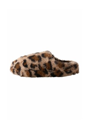 Soft, slip-on slipper with brown and black leopard print faux fur covering the entire surface.