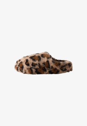 Soft, slip-on slipper with brown and black leopard print faux fur covering the entire surface.