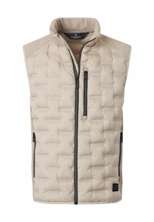 Beige quilted sleeveless vest with black zippers on front chest and sides, and a stand-up collar.