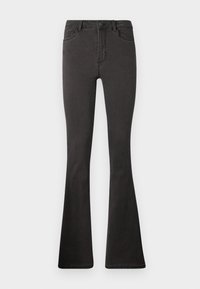 Musta leveälahkeinen farkut, jotka on valmistettu denimmateriaalista, korkealla vyötäröllä, viidellä taskulla ja tavanomaisella nappikiinnityksellä vyötäröllä.