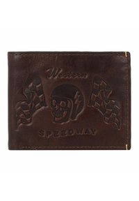 Portefeuille en cuir marron avec un design en relief représentant un crâne, des drapeaux de course, et le texte "WESTERN SPEEDWAY". Bords cousus, surface texturée.