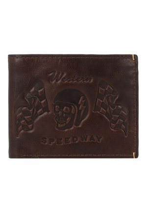Portefeuille en cuir marron avec un design en relief représentant un crâne, des drapeaux de course, et le texte "WESTERN SPEEDWAY". Bords cousus, surface texturée.