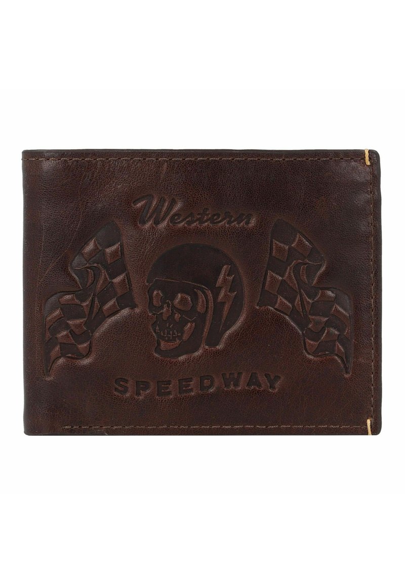 Portefeuille en cuir marron avec un design en relief représentant un crâne, des drapeaux de course, et le texte "WESTERN SPEEDWAY". Bords cousus, surface texturée.