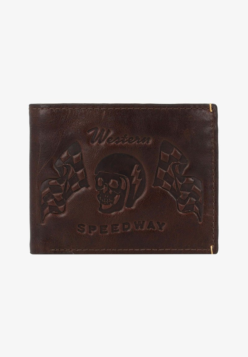Portefeuille en cuir marron avec un design en relief représentant un crâne, des drapeaux de course, et le texte "WESTERN SPEEDWAY". Bords cousus, surface texturée.
