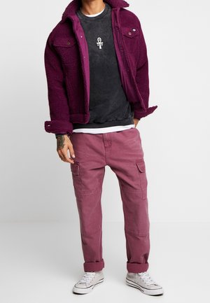 Giacca di peluche viola, felpa grigia in pile con emblema e pantaloni cargo rosa con tasche laterali; indossati con sneaker bianche.