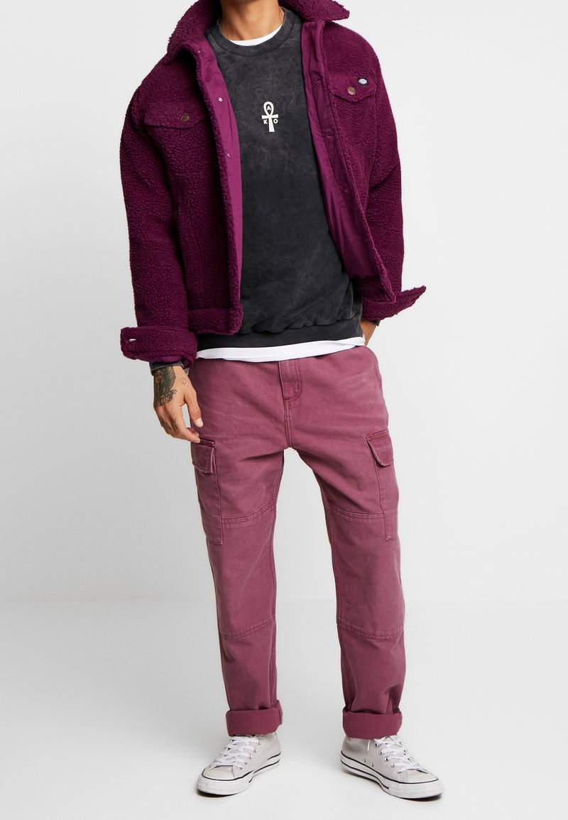 Giacca di peluche viola, felpa grigia in pile con emblema e pantaloni cargo rosa con tasche laterali; indossati con sneaker bianche.