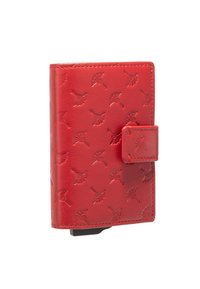 Rode leren portemonnee met een reliëf patroon van een waaier, rechthoekige vorm, klep met drukknoopsluiting, gladde textuur, compacte vormgeving.