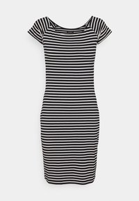 Robe rayée noire et blanche, coupe ajustée, manches courtes, encolure arrondie, tissu extensible, rayures larges et étroites alternées.