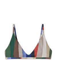 Trojuholníkový bikiny top s multikolórovým pruhovaným vzorom v zelených, modrých, hnedých a červených odtieňoch, s tenkými ramenami a hlbokým V-výstrihom.