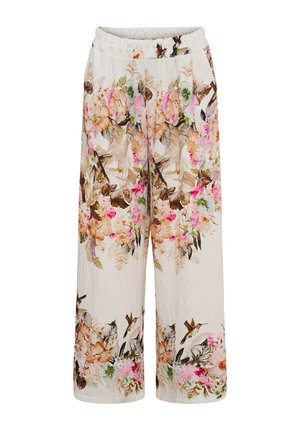 Bukser med vide ben og elastik i taljen, med beige base og flerfarvet blomstret og fugleprint over det hele.