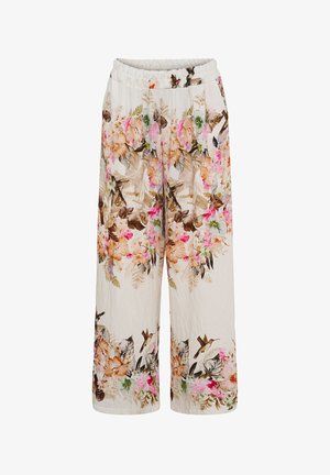 Bukser med vide ben og elastik i taljen, med beige base og flerfarvet blomstret og fugleprint over det hele.