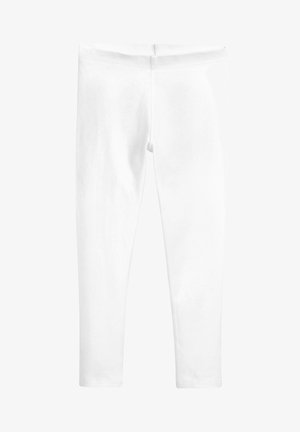 Leggings blancs en tissu extensible. Conception ajustée avec une taille élastique. Texture lisse, sans motifs ni accents visibles.