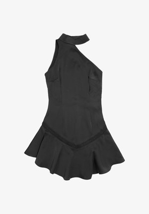 Black sleeveless dress with asymmetrical neckline, high collar, fitted bodice, and flared ruffled skirt.