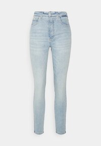 Ljusblå högmidjade skinny jeans i denim, med en klassisk femfickdesign och subtila blekningar på framsidan.