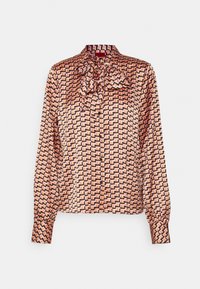 Langærmet bluse i silke med et pink og orange geometrisk mønster, rynket krave og frontlukning med knapper.