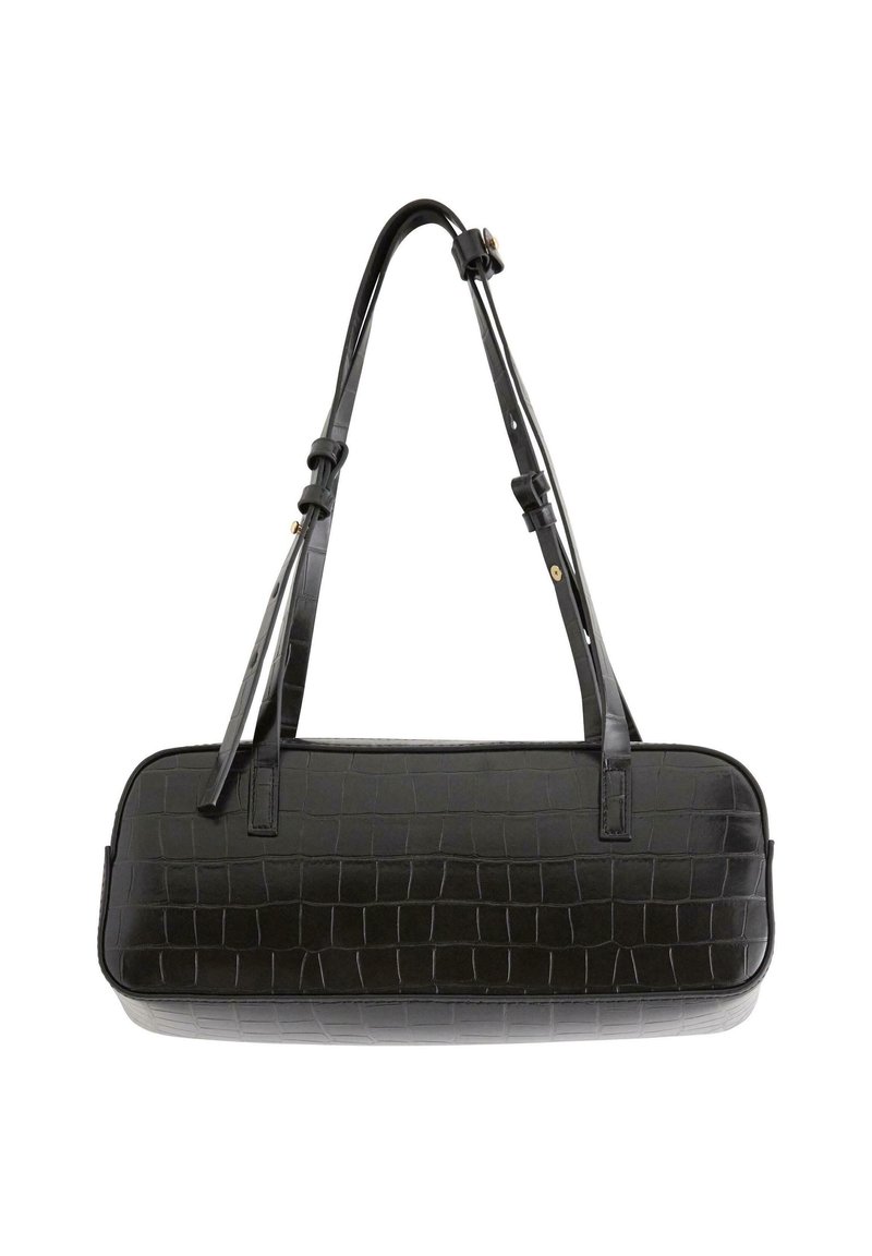 Czarna torebka na ramię z sztucznej skóry o teksturze krokodyla, prostokątnym kształcie, z dwoma regulowanymi paskami i płaskim dnem.