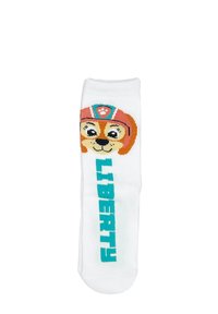 Calcetín blanco que presenta la cara de un perro de dibujos animados con un sombrero rosa y un corazón azul, junto al texto "LIBERTY" en letras turquesa en negrita.