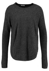 Dunkelgrauer, langärmeliger Strickpullover mit gerippten Ärmeln und horizontalem Strukturmuster am Körper, Rundhalsausschnitt.