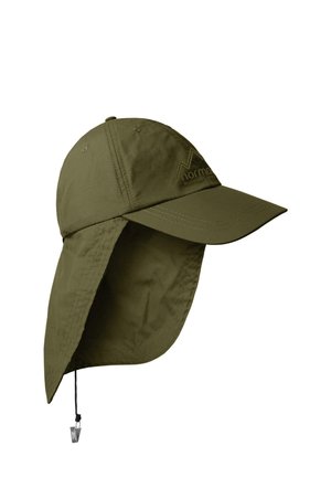 Olivgrüne Outdoor-Kappe mit breiter Krempe und abnehmbarer Nackenklappe, mit verstellbarem Kinnriemen und Logo auf dem Frontpanel.