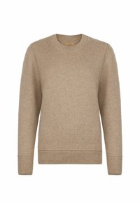 Beżowy sweter dziany z okrągłym dekoltem, długimi rękawami, ściągaczami przy mankietach i u dołu, charakteryzujący się miękką teksturą i minimalistycznym stylem.