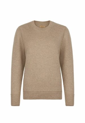 Beige strikket sweater med rund halsudskæring, lange ærmer, ribbede manchetter og kant, med en blød tekstur og minimale designelementer.