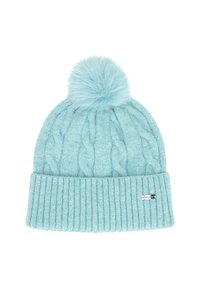 Jasnoniebieska dziergana czapka z teksturą warkocza i puszystym pomponem na czubku. Brzeg czapki ma prążkowany wzór i małą metkę marki.