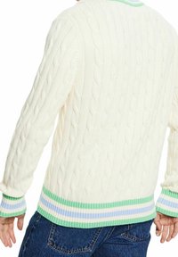 Homme portant un pull crème à torsades avec des poignets et un ourlet rayés verts, blancs et bleus, associé à un jean bleu, vu de dos.