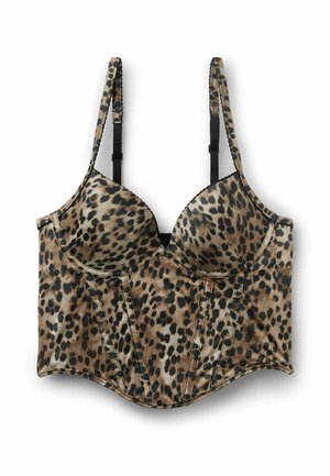 Leopardenmuster-Corsagen-BH in Beige und Schwarz, mit Bügeln, verstellbaren Trägern und strukturierten Nähten für Halt. Glatte Satintextur.