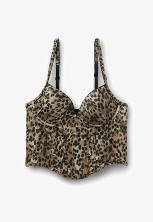 Leopardenmuster-Corsagen-BH in Beige und Schwarz, mit Bügeln, verstellbaren Trägern und strukturierten Nähten für Halt. Glatte Satintextur.