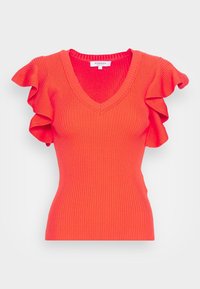 Värikäs orange ribbad topp med korta volangärmar och V-ringning, med en figurnära silhuett och textilstruktur.