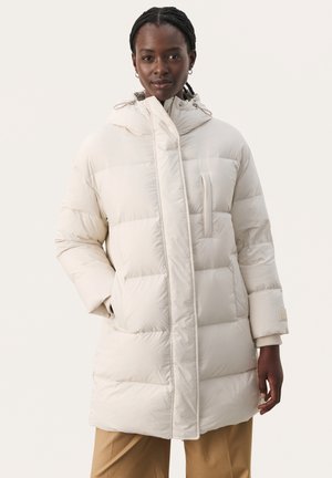 Puffer coat in light beige, featuring a hood, side seam pockets, and a zippered front with a smooth texture and stitched panels.