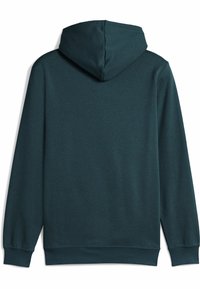 Sweat à capuche en bleu sarcelle foncé, avec une texture lisse, des poignets et un ourlet côtelés. Le design a une coupe décontractée avec un dos classique.