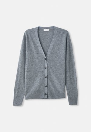 Gray cardigan made of soft fabric, featuring a V-neck, long sleeves, and a front button closure with six dark buttons.