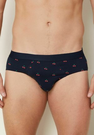 Marineblauwe herenonderbroek met een kersenpatroon. Het materiaal is zacht en heeft een elastische tailleband voor comfort.