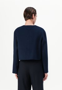 Pulover din lână de culoare bleumarin, scurt, cu mâneci lungi, cusătură în formă de V la spate și o siluetă curată. Textură moale și detalii de design minime.