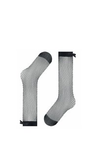 Schwarze Netzstrümpfe mit strukturiertem Design, einem festen schwarzen Bündchen und einer Schleifenverzierung am oberen Ende des längeren Sockens.