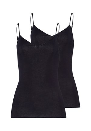 Twee zwarte aansluitende camisoles met dunne verstelbare bandjes en V-halslijnen, overlappend weergegeven op een witte achtergrond.