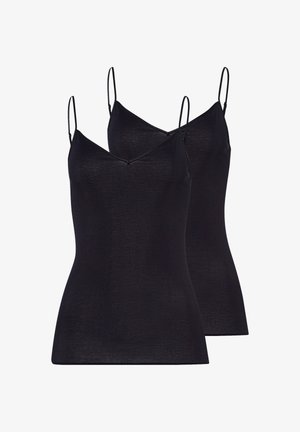 Deux camisoles noires ajustées avec des bretelles fines réglables et des encolures en V, présentées en superposition sur un fond blanc.