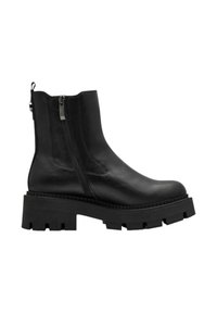 Bottines en cuir noir avec une semelle en caoutchouc épaisse, des fermetures éclair sur les côtés et une texture lisse. Forme de orteil carrée avec des détails de couture minimalistes.