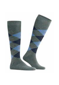 Skarpetki do kolan w zielono-niebiesko-granatowy wzór argyle, wykonane z teksturowanego materiału dzianinowego z kontrastującymi pomarańczowymi szwami.