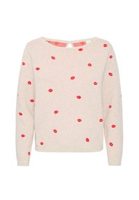 Suéter de punto en beige claro, con estampados de labios rojos dispersos. Cuello redondo, mangas largas y detalle de ojal en la parte posterior. Textura suave.