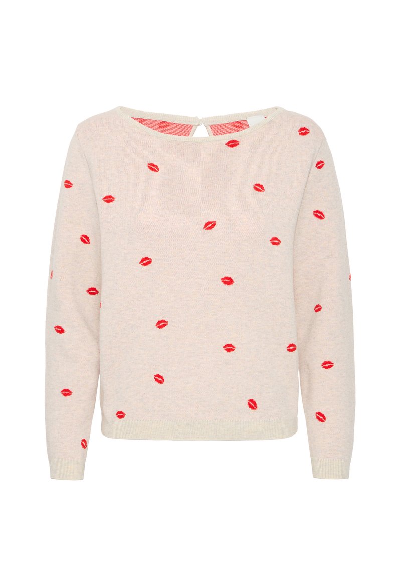 Suéter de punto en beige claro, con estampados de labios rojos dispersos. Cuello redondo, mangas largas y detalle de ojal en la parte posterior. Textura suave.